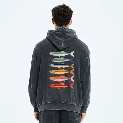 Tokyo-Tiger Colorful Fish Stack Washed Zip Hoodie