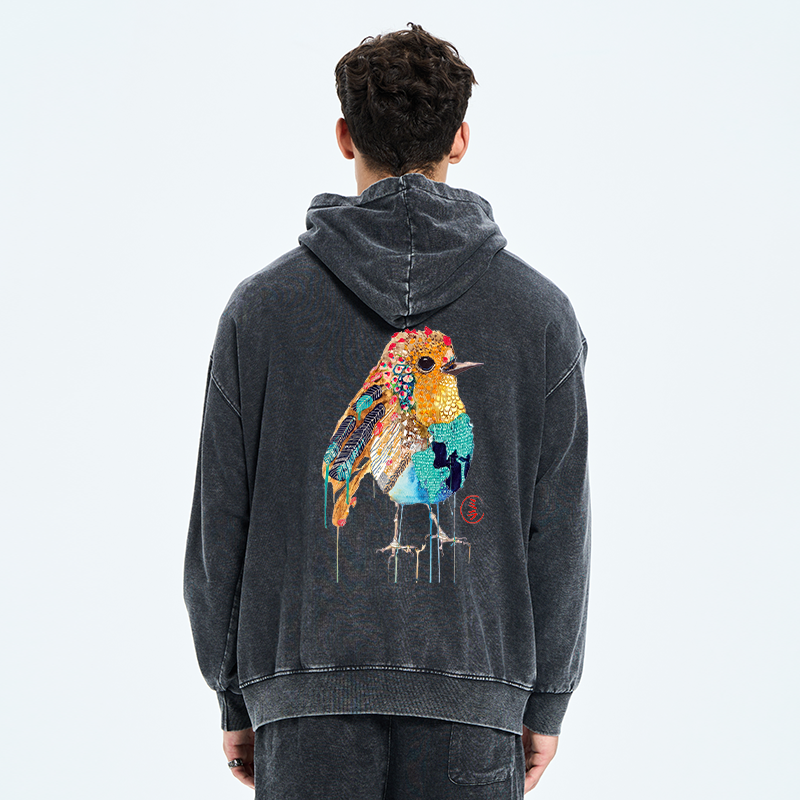 Tokyo-Tiger Sparkly Wild Bird Washed Zip Hoodie