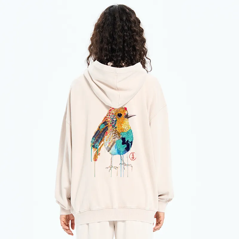 Tokyo-Tiger Sparkly Wild Bird Washed Zip Hoodie