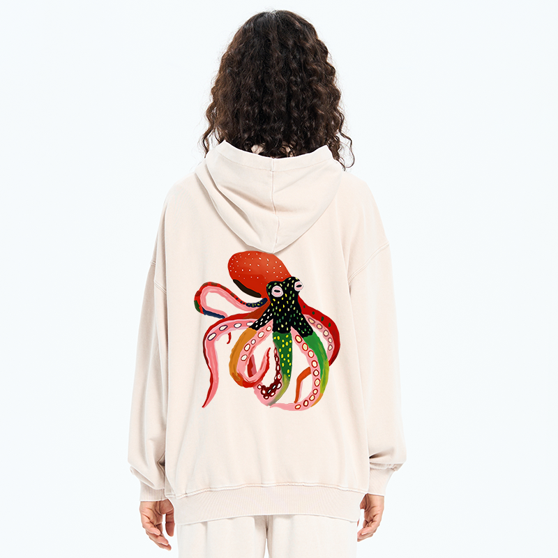 Tokyo-Tiger Colorful Octopus Art Washed Zip Hoodie