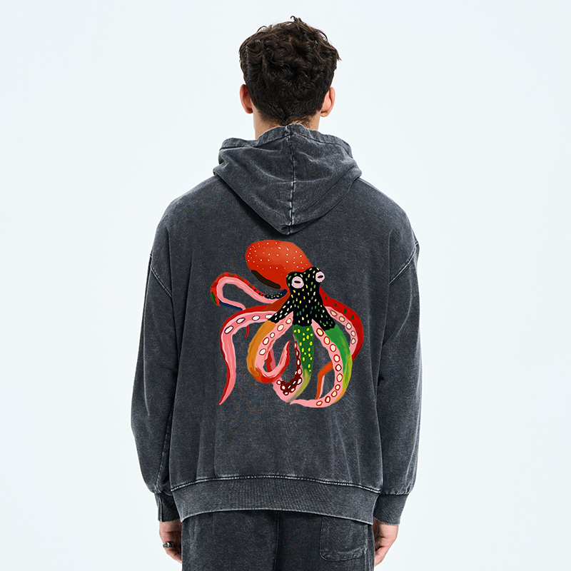 Tokyo-Tiger Colorful Octopus Art Washed Zip Hoodie