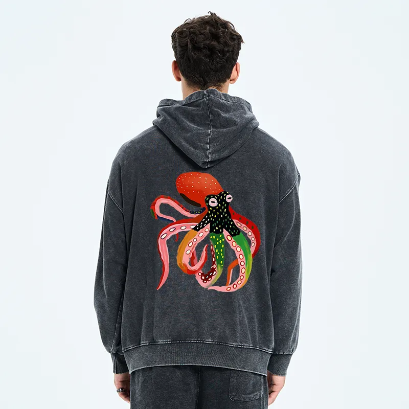 Tokyo-Tiger Colorful Octopus Art Washed Zip Hoodie