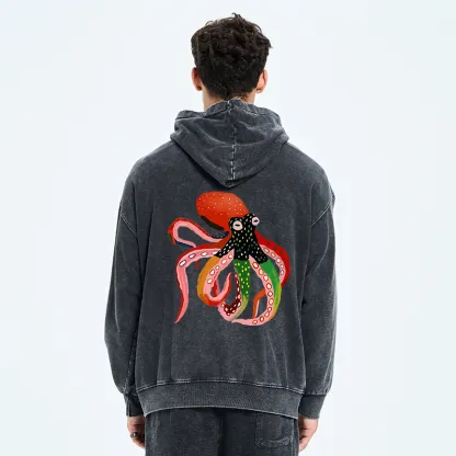 Tokyo-Tiger Colorful Octopus Art Washed Zip Hoodie