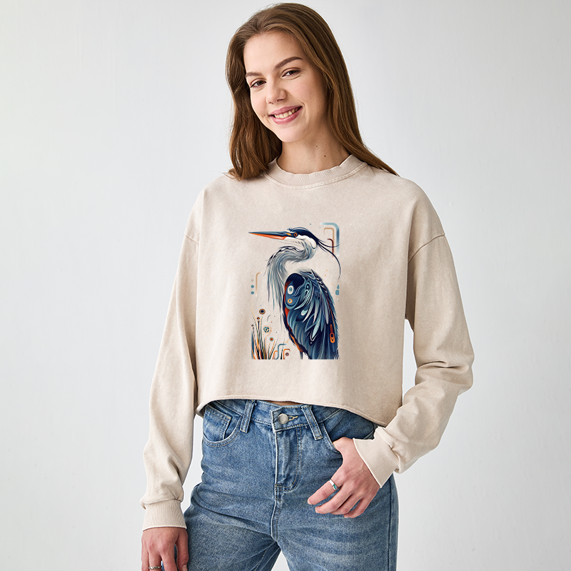 Tokyo-Tiger Stylish Blue Heron Washed Crop Sweatshirt