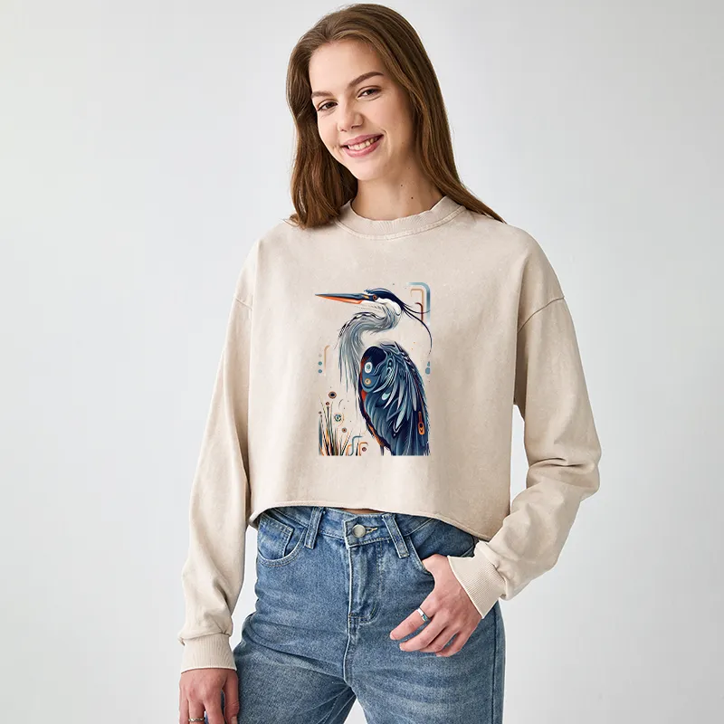 Tokyo-Tiger Stylish Blue Heron Washed Crop Sweatshirt