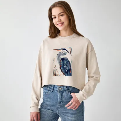 Tokyo-Tiger Stylish Blue Heron Washed Crop Sweatshirt