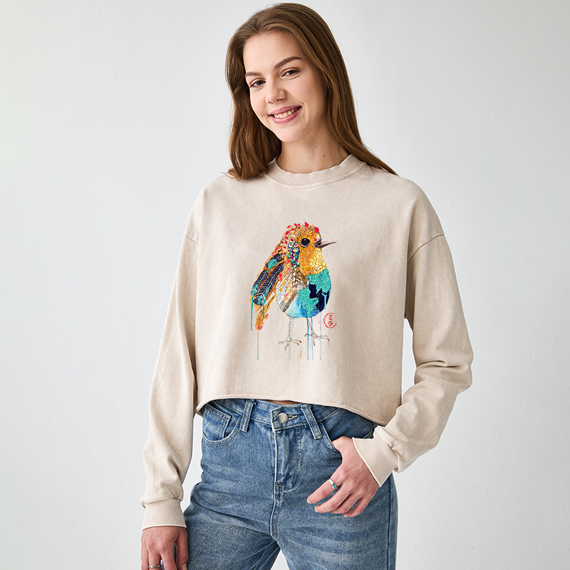 Tokyo-Tiger Sparkly Wild Bird Washed Crop Sweatshirt