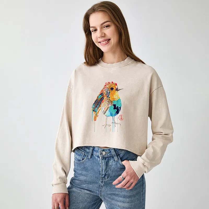 Tokyo-Tiger Sparkly Wild Bird Washed Crop Sweatshirt