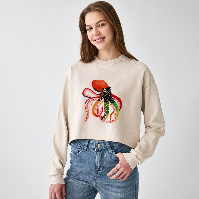 Tokyo-Tiger Colorful Octopus Art Washed Crop Sweatshirt