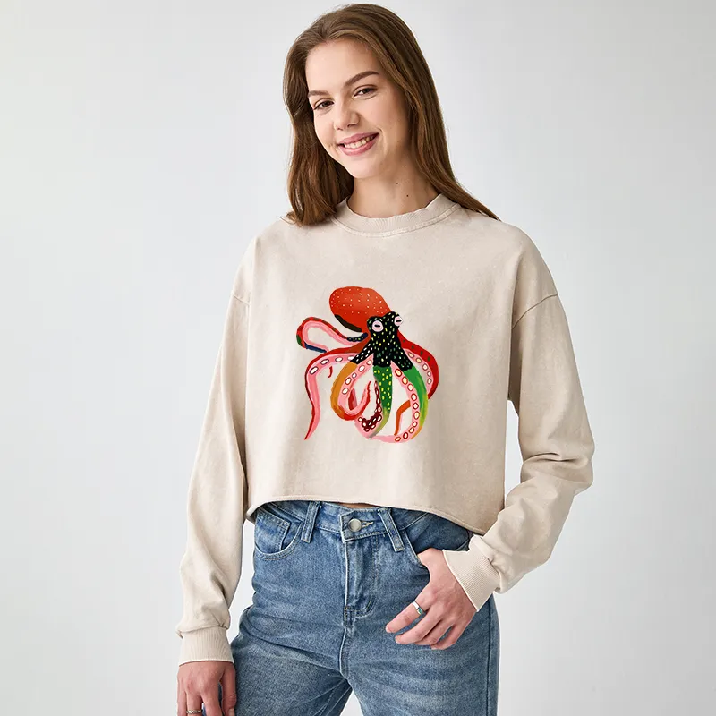 Tokyo-Tiger Colorful Octopus Art Washed Crop Sweatshirt