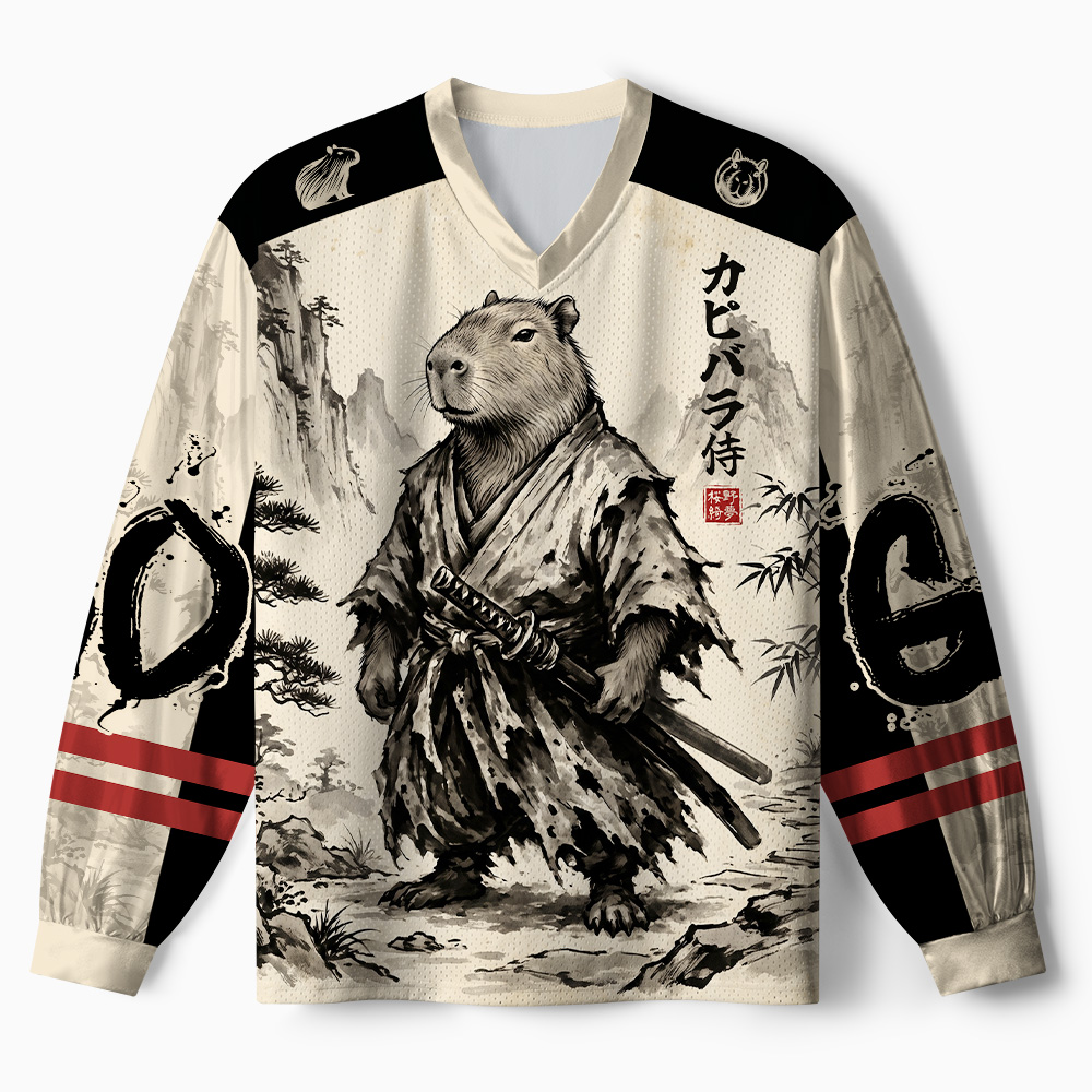 Tokyo-Tiger Japanese Ink Art Capybara Samurai Paneled Long Sleeve Jersey