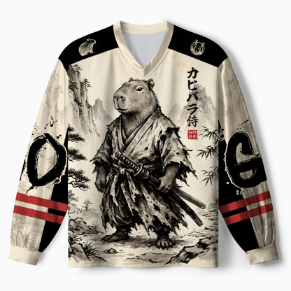 Tokyo-Tiger Japanese Ink Art Capybara Samurai Paneled Long Sleeve Jersey
