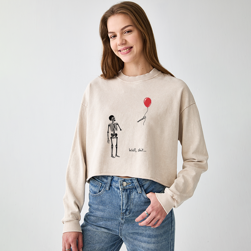 Tokyo-Tiger Skeleton Balloon Meme Washed Crop Sweatshirt