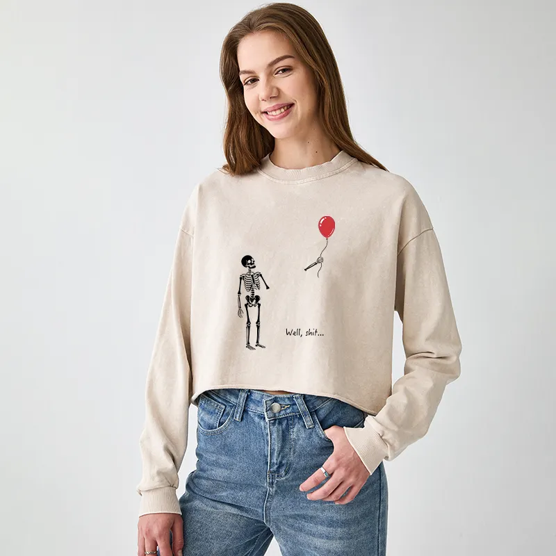 Tokyo-Tiger Skeleton Balloon Meme Washed Crop Sweatshirt
