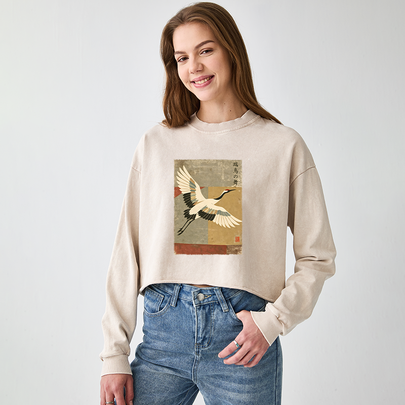 Tokyo-Tiger Crane Spirit Washed Crop Sweatshirt
