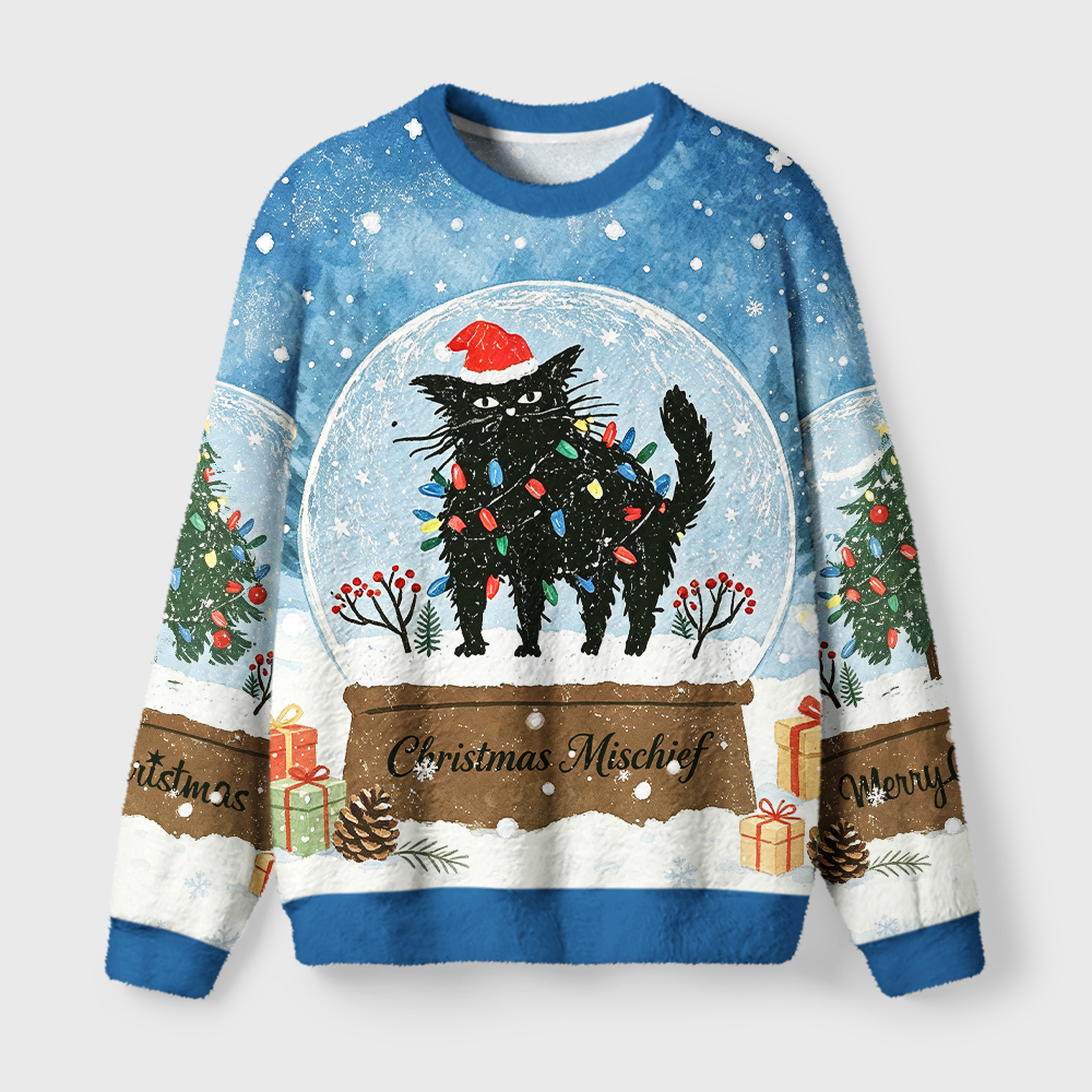 Tokyo-Tiger Snowglobe Mischief Fuzzy Christmas Ugly Sweatshirt