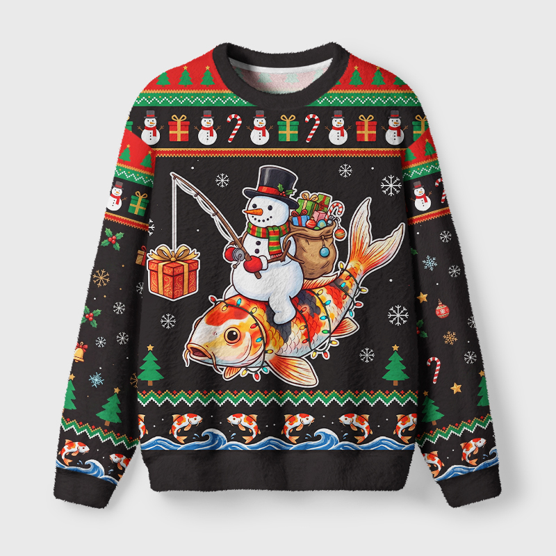 Tokyo-Tiger Funny Snowman Riding Koi Fish Fuzzy Christmas Ugly Sweatshirt