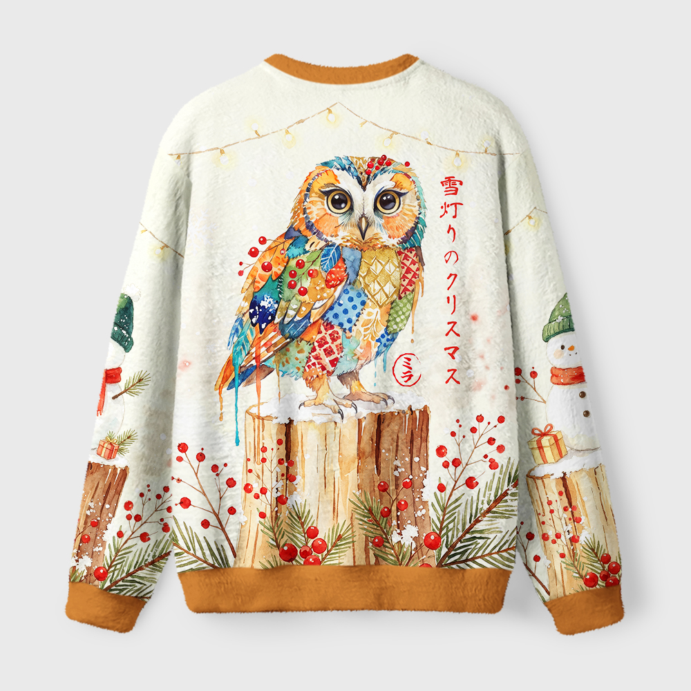 Tokyo-Tiger Winter Glow Owl Fuzzy Christmas Ugly Sweatshirt