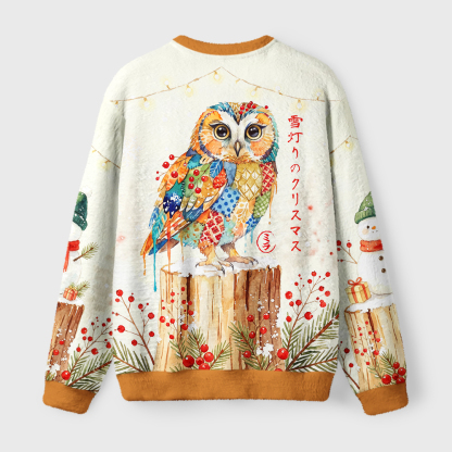 Tokyo-Tiger Winter Glow Owl Fuzzy Christmas Ugly Sweatshirt