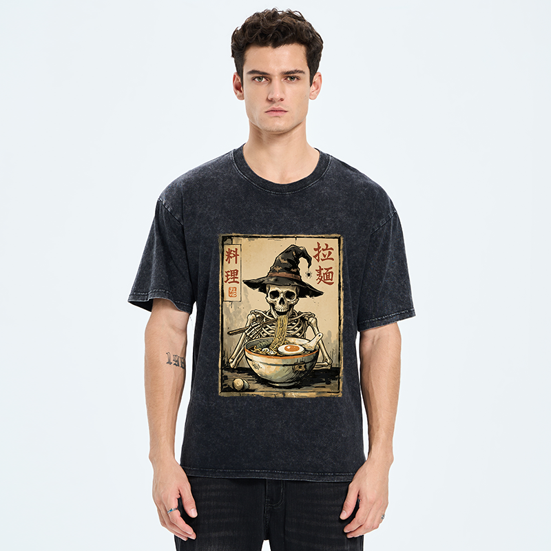 Tokyo‑Tiger Skeleton Ramen Meme Washed T‑Shirt
