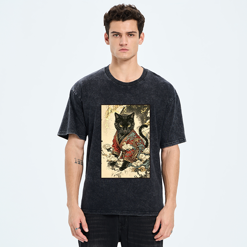 Tokyo‑Tiger Traditional Robe Cat Art Washed T‑Shirt