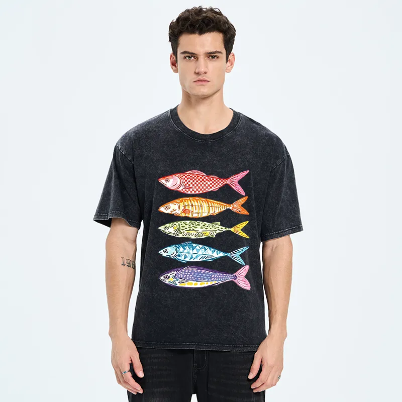 Tokyo‑Tiger Colorful Multi Pattern Fish Washed T‑Shirt