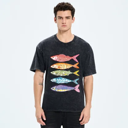 Tokyo‑Tiger Colorful Multi Pattern Fish Washed T‑Shirt