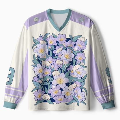 Tokyo-Tiger Sleeping Kittens Among Purple Blooms Paneled Long Sleeve Jersey
