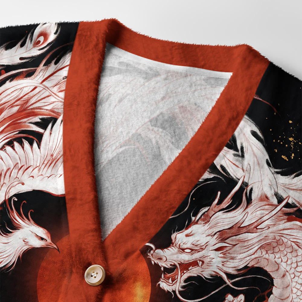 Tokyo-Tiger Dragon‑Phoenix Beneath Crimson Sun Ugly Cardigan Sweater