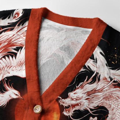 Tokyo-Tiger Dragon‑Phoenix Beneath Crimson Sun Ugly Cardigan Sweater