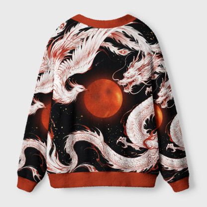 Tokyo-Tiger Dragon‑Phoenix Beneath Crimson Sun Ugly Cardigan Sweater