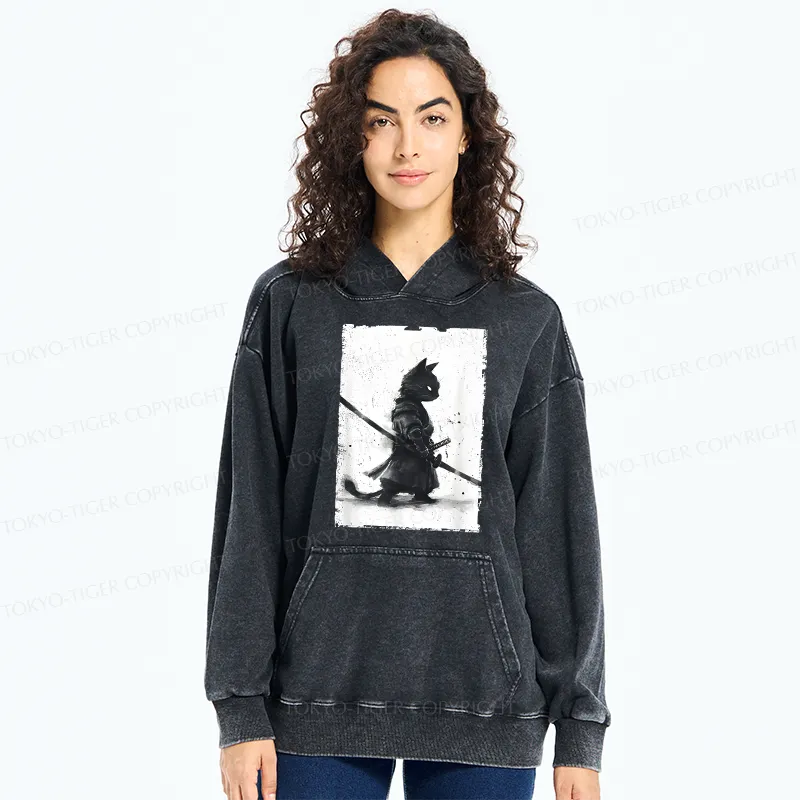 Tokyo-Tiger Retro Cat Samurai Japanese Washed Hoodie