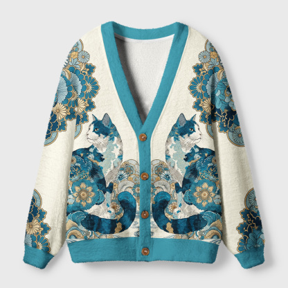 Tokyo-Tiger Blue‑Gilded Flower Cat Ugly Cardigan Sweater