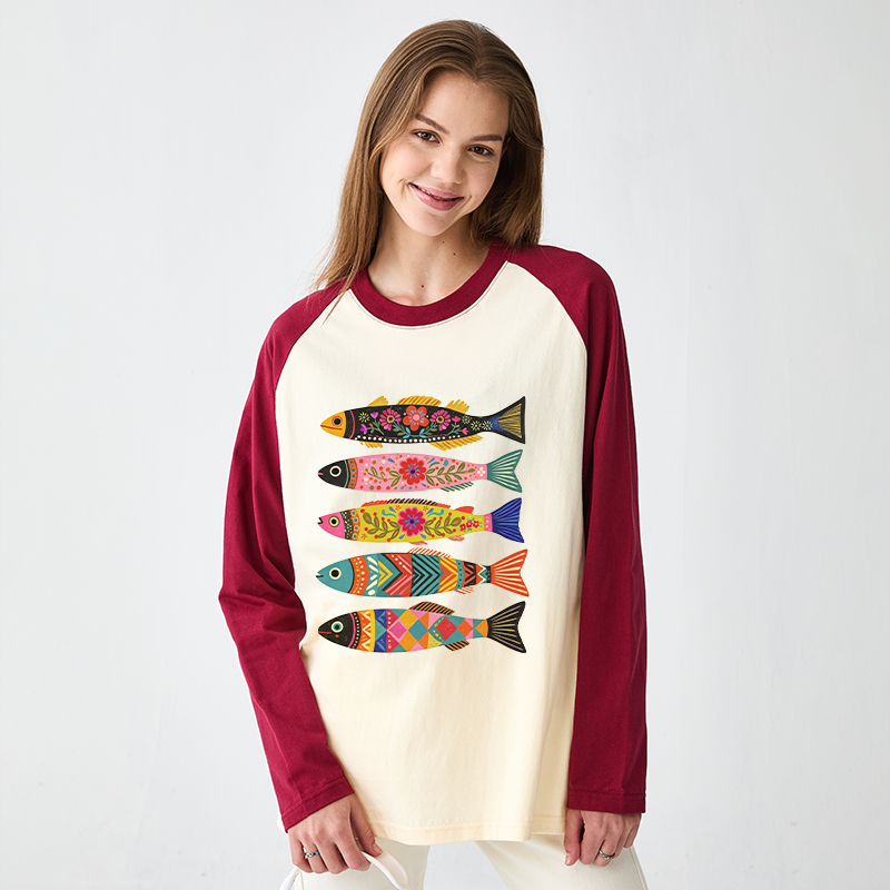 Tokyo-Tiger Colorful Patterned Fish Raglan Long Sleeve T-shirt
