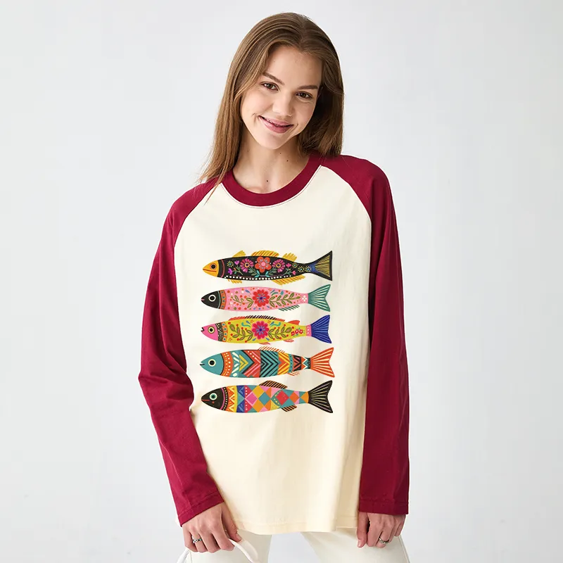Tokyo-Tiger Colorful Patterned Fish Raglan Long Sleeve T-shirt