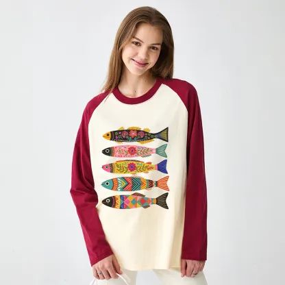 Tokyo-Tiger Colorful Patterned Fish Raglan Long Sleeve T-shirt