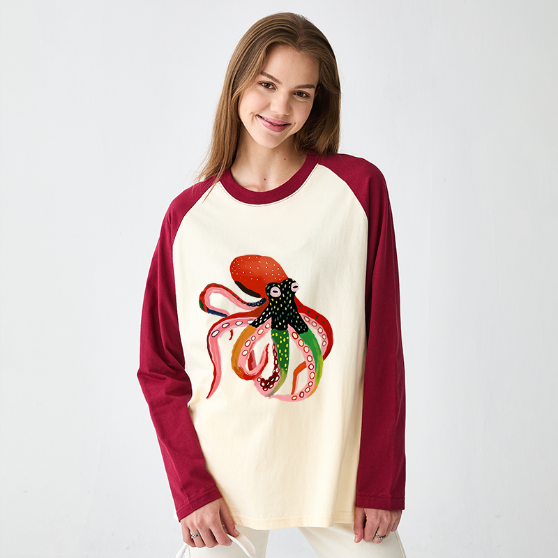 Tokyo-Tiger Colorful Octopus Art Raglan Long Sleeve T-shirt