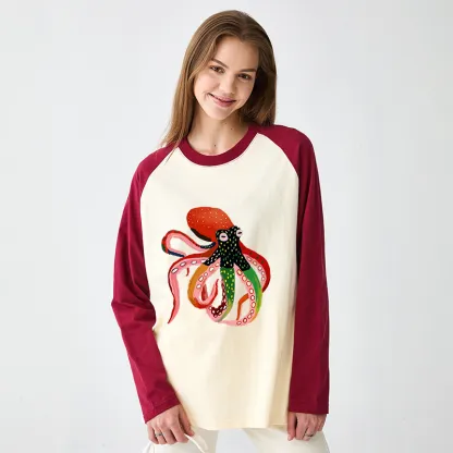 Tokyo-Tiger Colorful Octopus Art Raglan Long Sleeve T-shirt