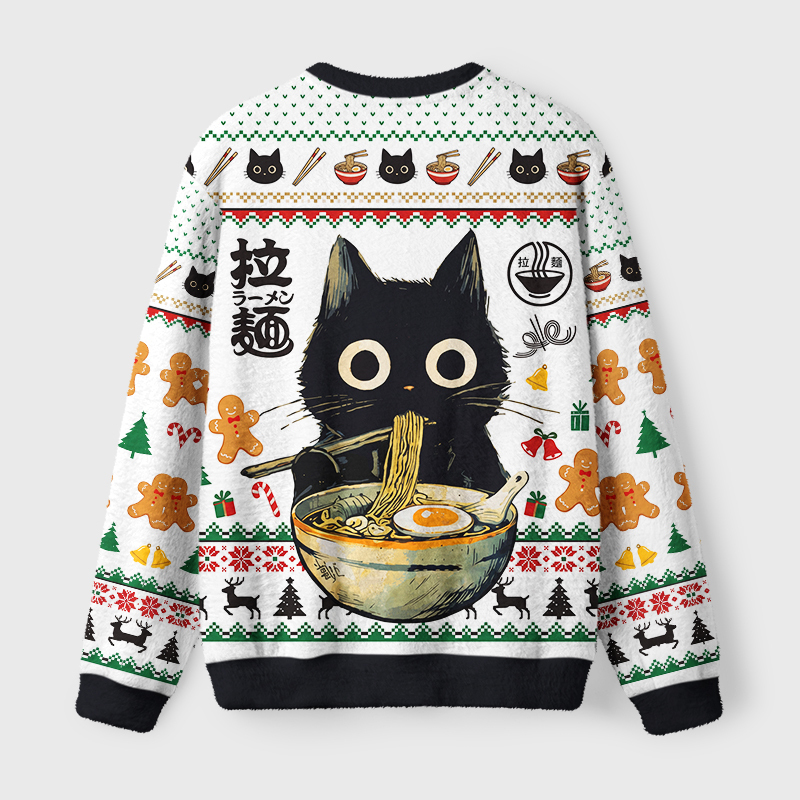 Tokyo-Tiger Cute Black Cat Eating Ramen Japan Fuzzy Christmas Ugly Sweatshirt