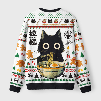 Tokyo-Tiger Cute Black Cat Eating Ramen Japan Fuzzy Christmas Ugly Sweatshirt