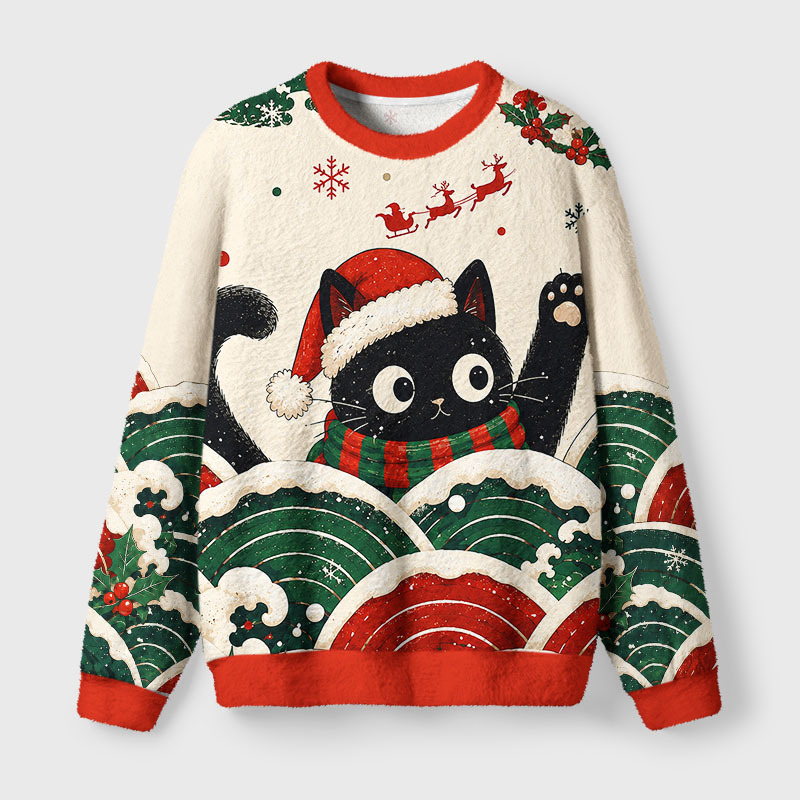 Tokyo-Tiger Santa Hat Cat Vibes Fuzzy Christmas Ugly Sweatshirt