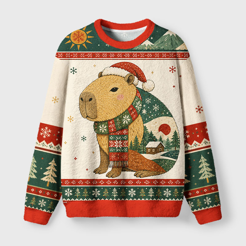 Tokyo-Tiger Winter Christmas Capybara Fuzzy Christmas Ugly Sweatshirt