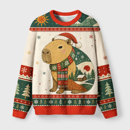 Tokyo-Tiger Winter Christmas Capybara Fuzzy Christmas Ugly Sweatshirt