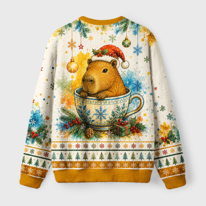 Tokyo-Tiger Funny Teacup Capybara Meme Fuzzy Christmas Ugly Sweatshirt