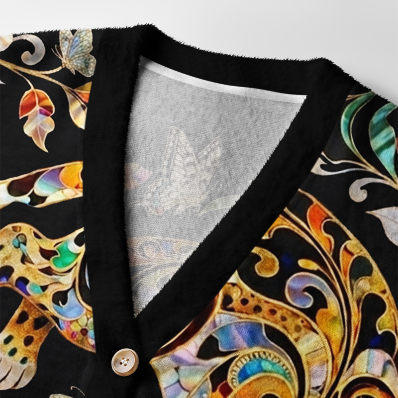 Tokyo-Tiger Ornate Shell Inlay Golden Leopard Ugly Cardigan Sweater