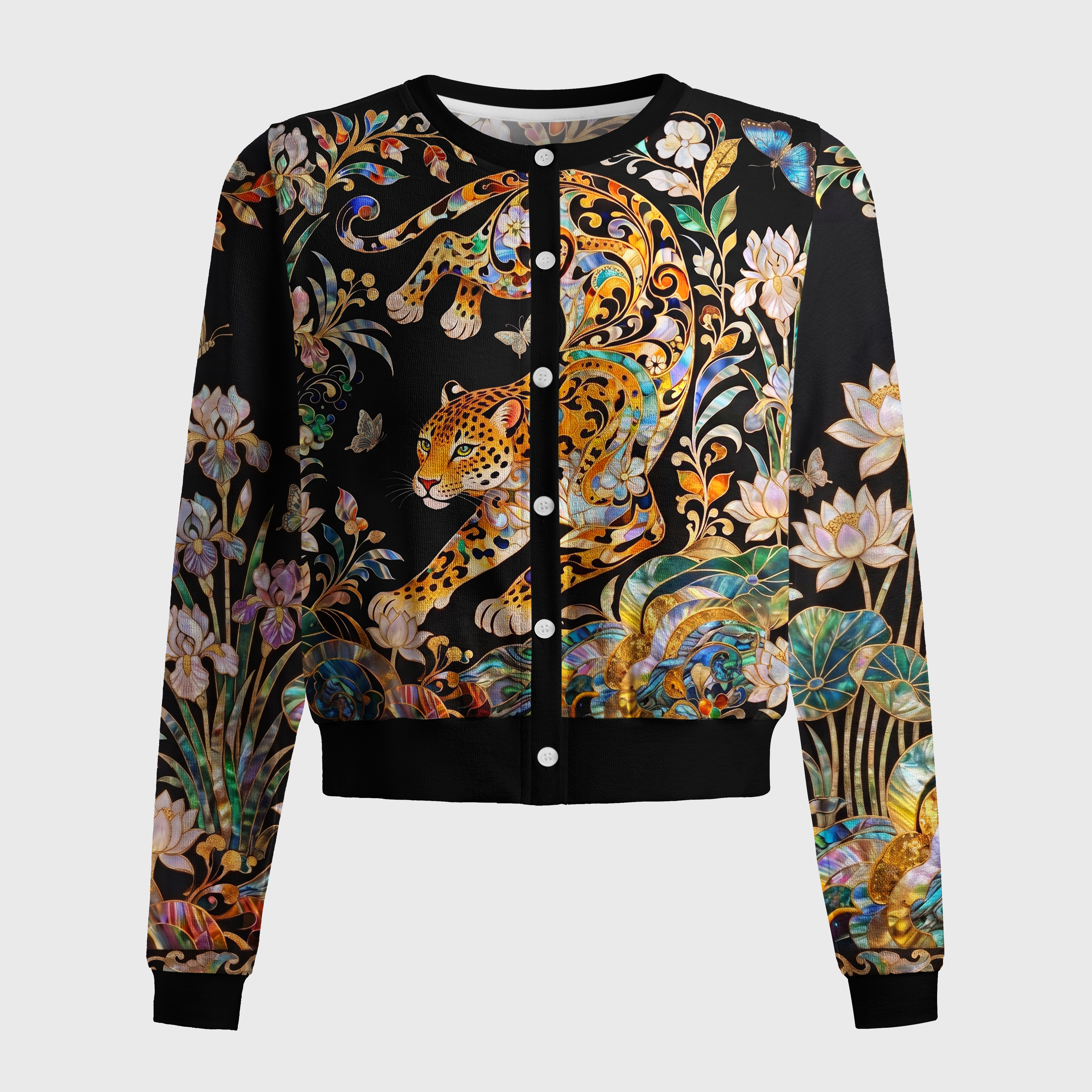 Tokyo-Tiger Ornate Shell Inlay Golden Leopard Women's Lightweight Cardigan