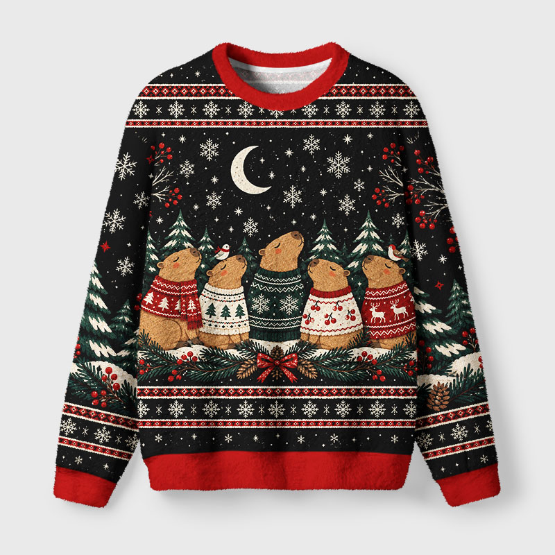Tokyo-Tiger Winter Capybara Crew Fuzzy Christmas Ugly Sweatshirt