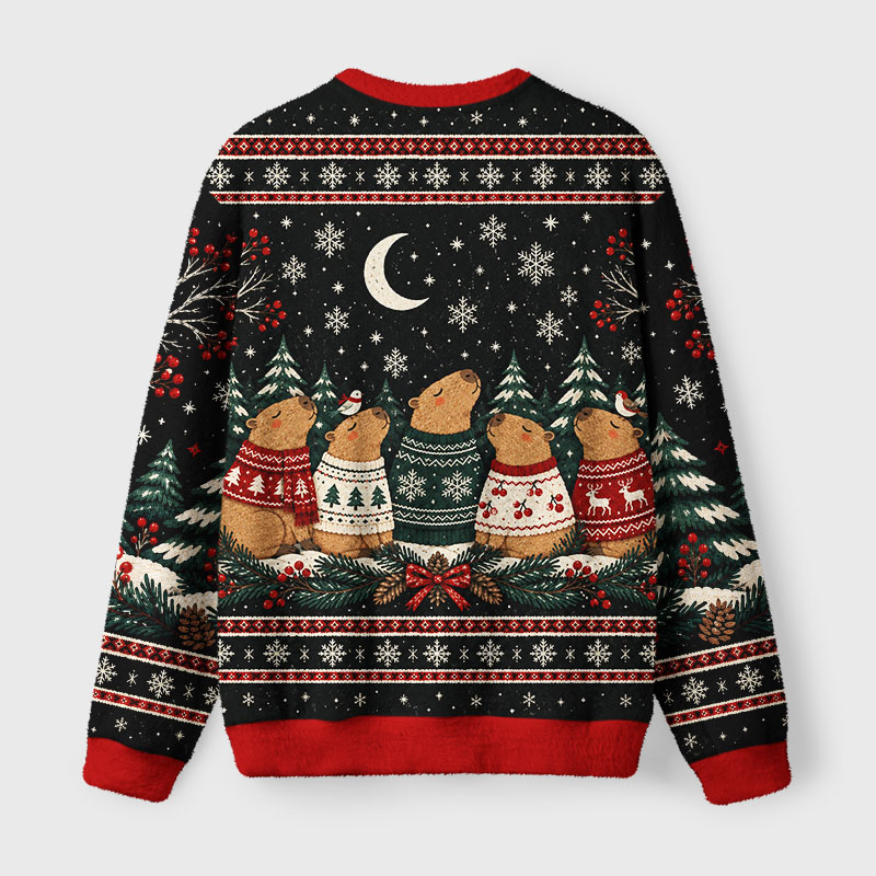 Tokyo-Tiger Winter Capybara Crew Fuzzy Christmas Ugly Sweatshirt
