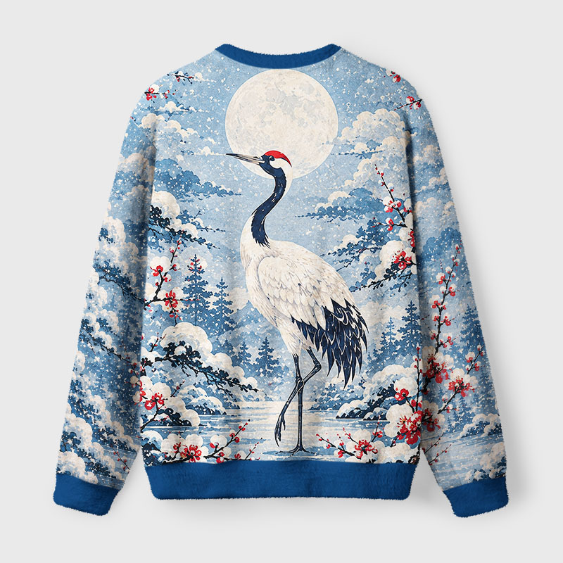 Tokyo-Tiger Vintage Winter Crane Fuzzy Christmas Ugly Sweatshirt