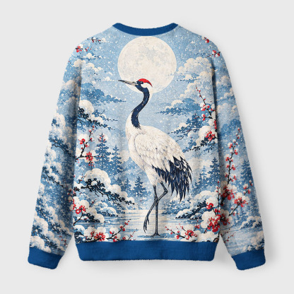 Tokyo-Tiger Vintage Winter Crane Fuzzy Christmas Ugly Sweatshirt